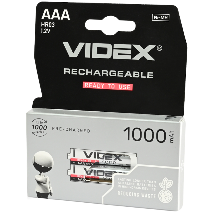 Батарейки AAA аккумуляторные VIDEX HR03 (1000mAh, 1.2V, 2шт упаковка) - Новаторстрой - фото 2